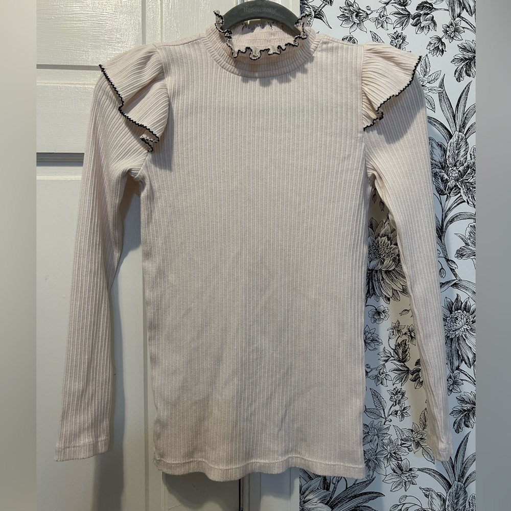 LOFT Cream Long Sleeve Top with Ruffle Detail